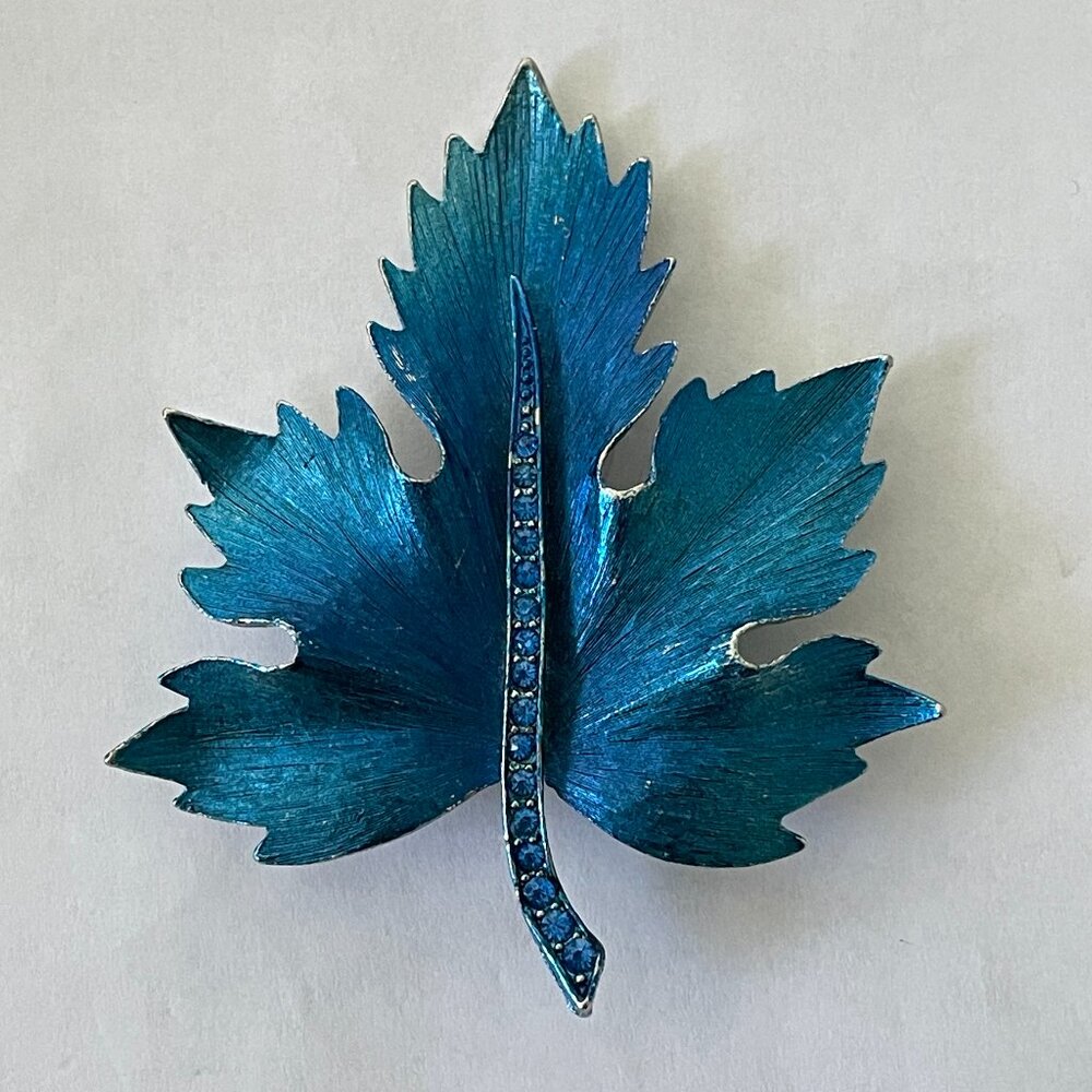 Blue Maple Leaf Brooch with Rhinestones